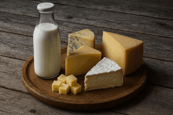 bouteille de lait et du fromage sur un plateau en bois posé sur une table