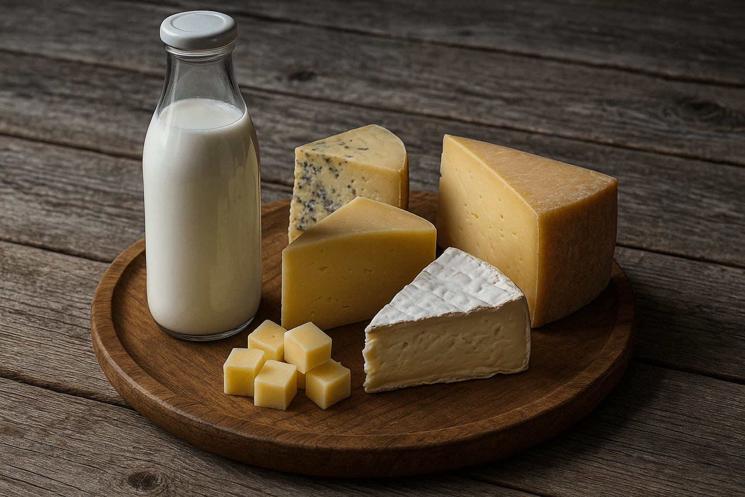 bouteille de lait et du fromage sur un plateau en bois posé sur une table